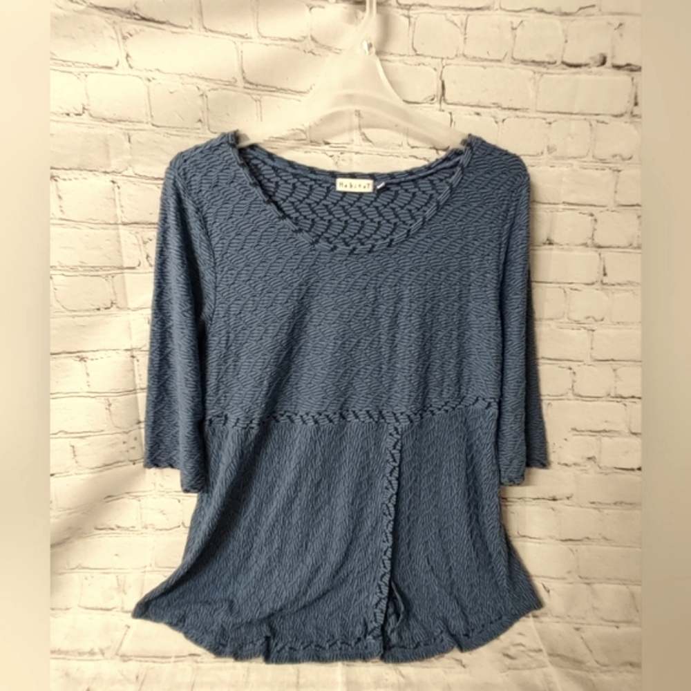 Habitat XL Scoop Gauzy Tunic Blue Textured Boho Quarter Sleeve Top